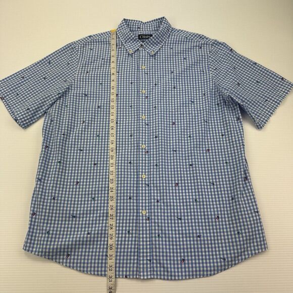 Chaps Shirt Men XXL Blue Gingham Check Short Sleeve Fly Fishing Print Easy Care - Picture 10 of 11